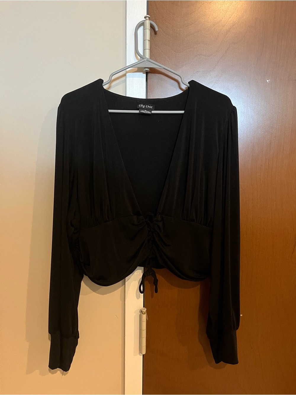 City Chic Black Ruched Tie-Front Long Sleeve Crop Top